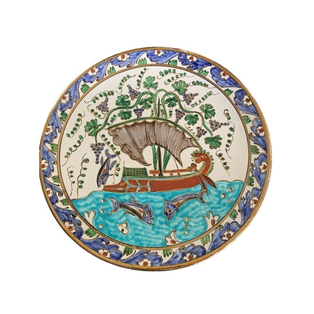 VTG Greek Icaros Rhodes Pottery Ceramic Plate Ship Sea Fare